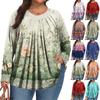 Dámská móda plus size Tištěný ležérní plisovaný top s kulatým výstřihem a dlouhým rukávem
