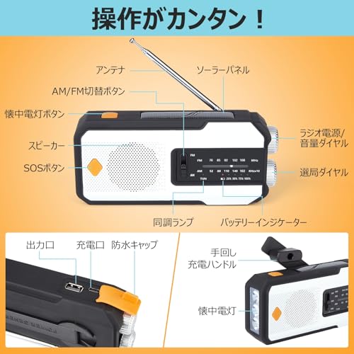Litake Multi-Function Emergency Radio with LED Light, Solar-Powered Radio, 2000mAh, AM/FM, SOS, USB Charging, Smartphone Charging, Hand Crank Flashlig