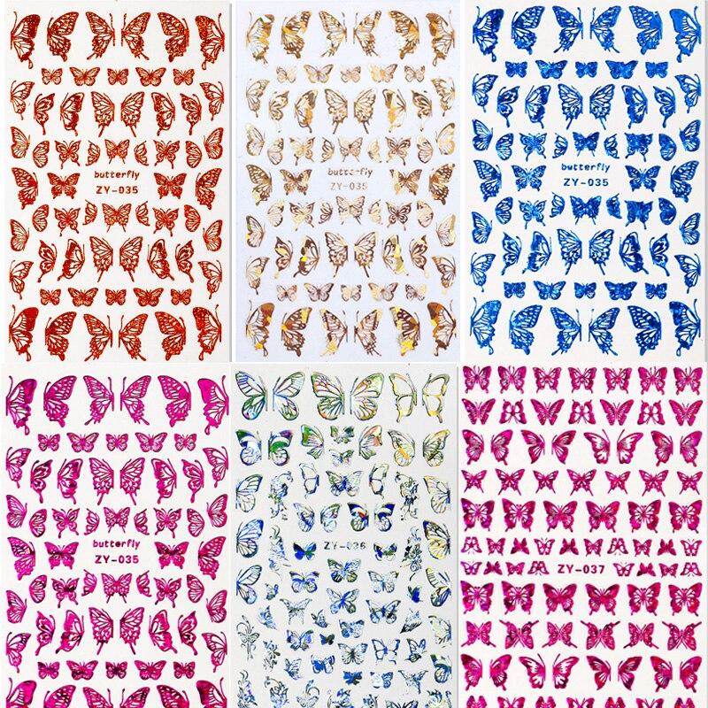 4Sheets Holographic 3D Butterfly Nail Art Stickers Adhesive Sliders Colorful DIY Golden Nail Transfer Decals Foils Wraps Decorations
