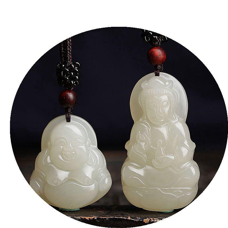 Natural Afghan White Jade Maitreya Buddha Guanyin Pendant - Laughing Buddha Couple Style Jade Stone Gift.