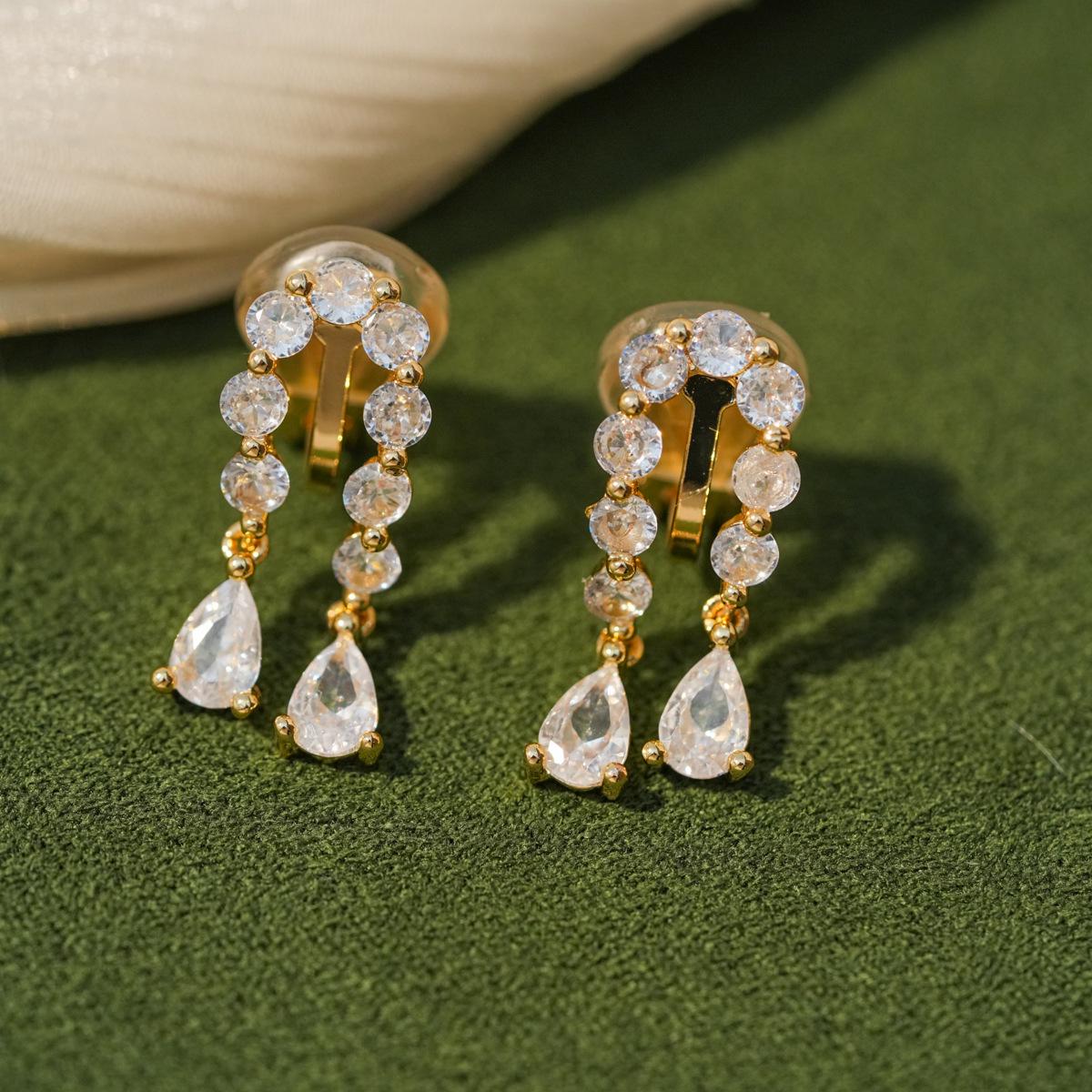 Gold-Plated Zirconia Water Drop Tassel Ear Cuff Earrings