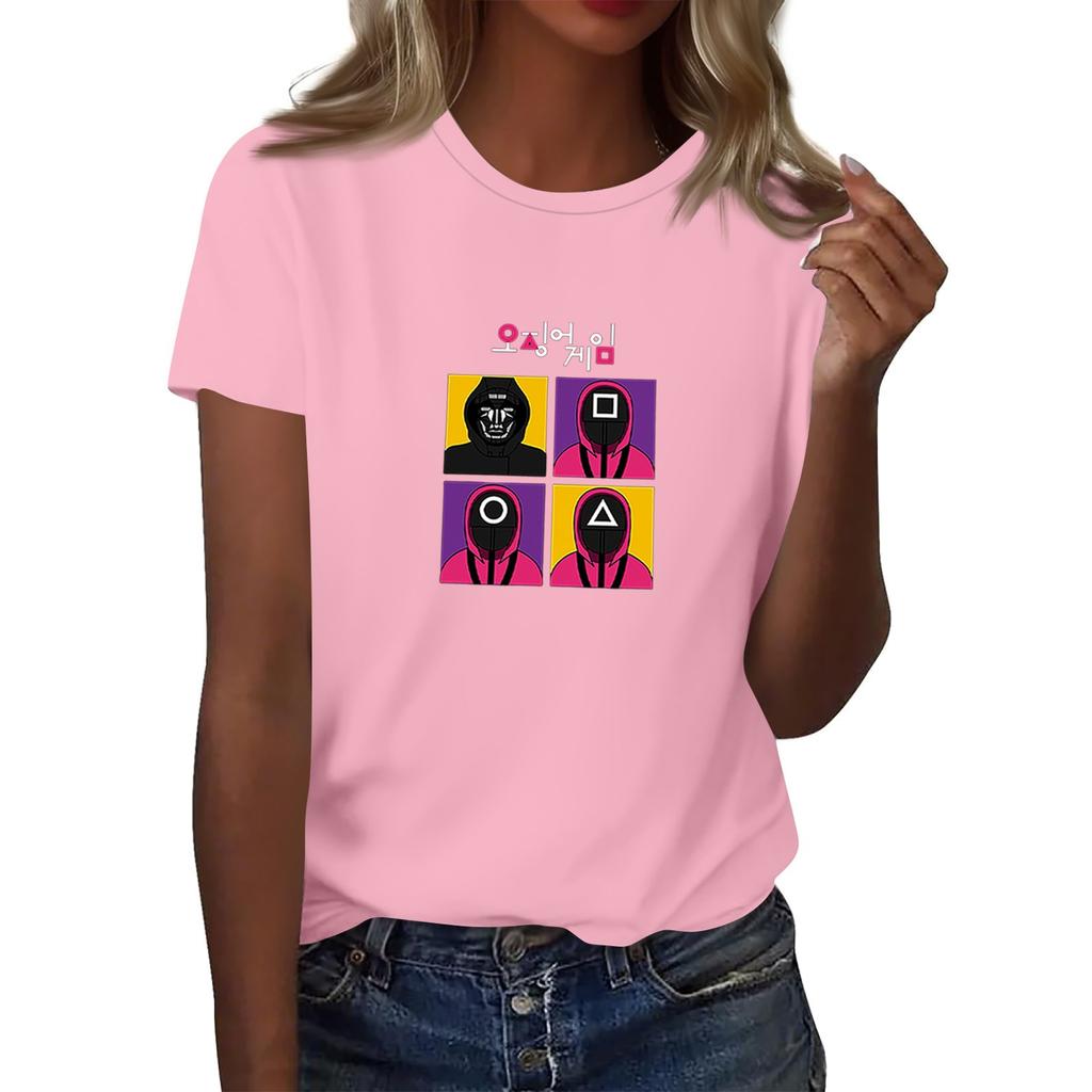 Damen Rundhals Bedrucktes Kurzarm T-Shirt Top