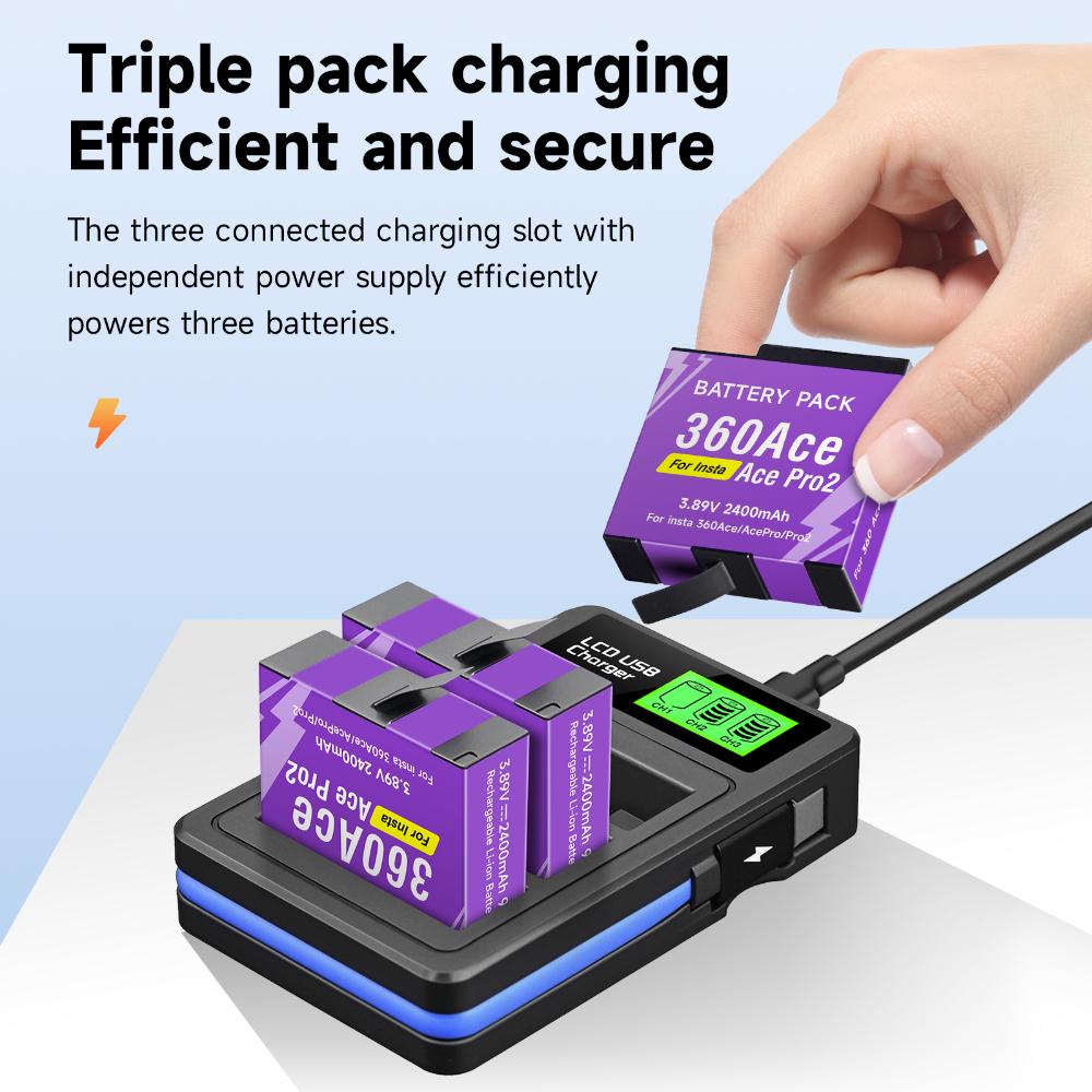 2400mAh High Capacity For Insta360 Ace Pro Ace Battery+3-Slot LED Fast Charger For Insta 360 Ace Pro 2 Action Camera Accessories