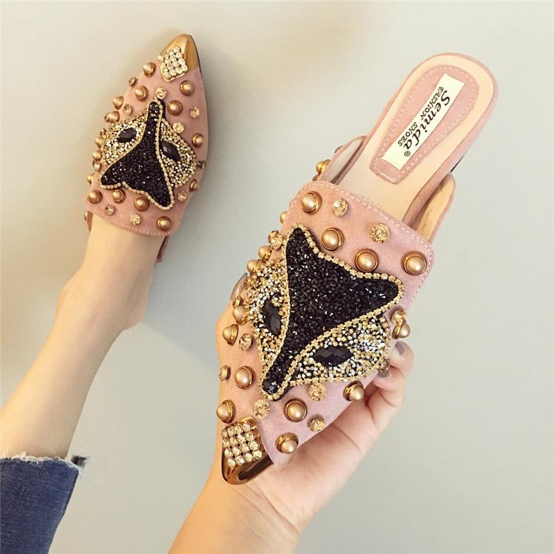 Fashion Plus Size 35-43 luxury metal studs crystal fox modern slippers women summer shoes sandals slides metalic pointed toe mules 2025