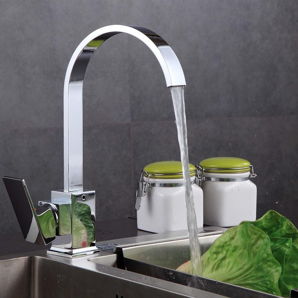 Modern Square Brass Cold & Hot Wster Faucet Swivel Spout Kitchen Sink Taps Basin Sink Mixer Tap 14.1x7.2in