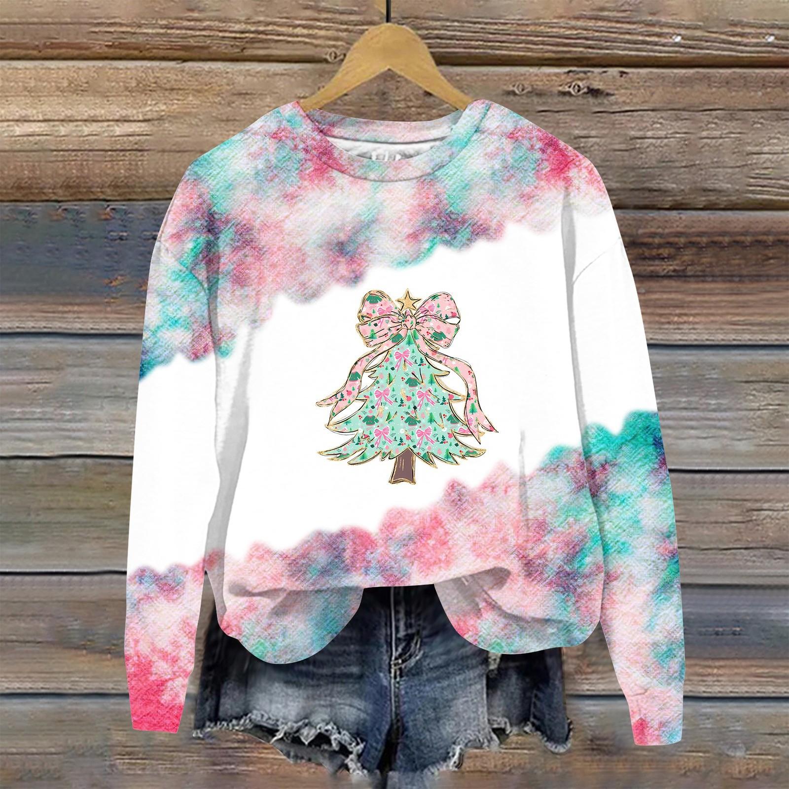 

Женская мода рождественский принт длинный рукав свободный круглый вырез толстовка топ осень S