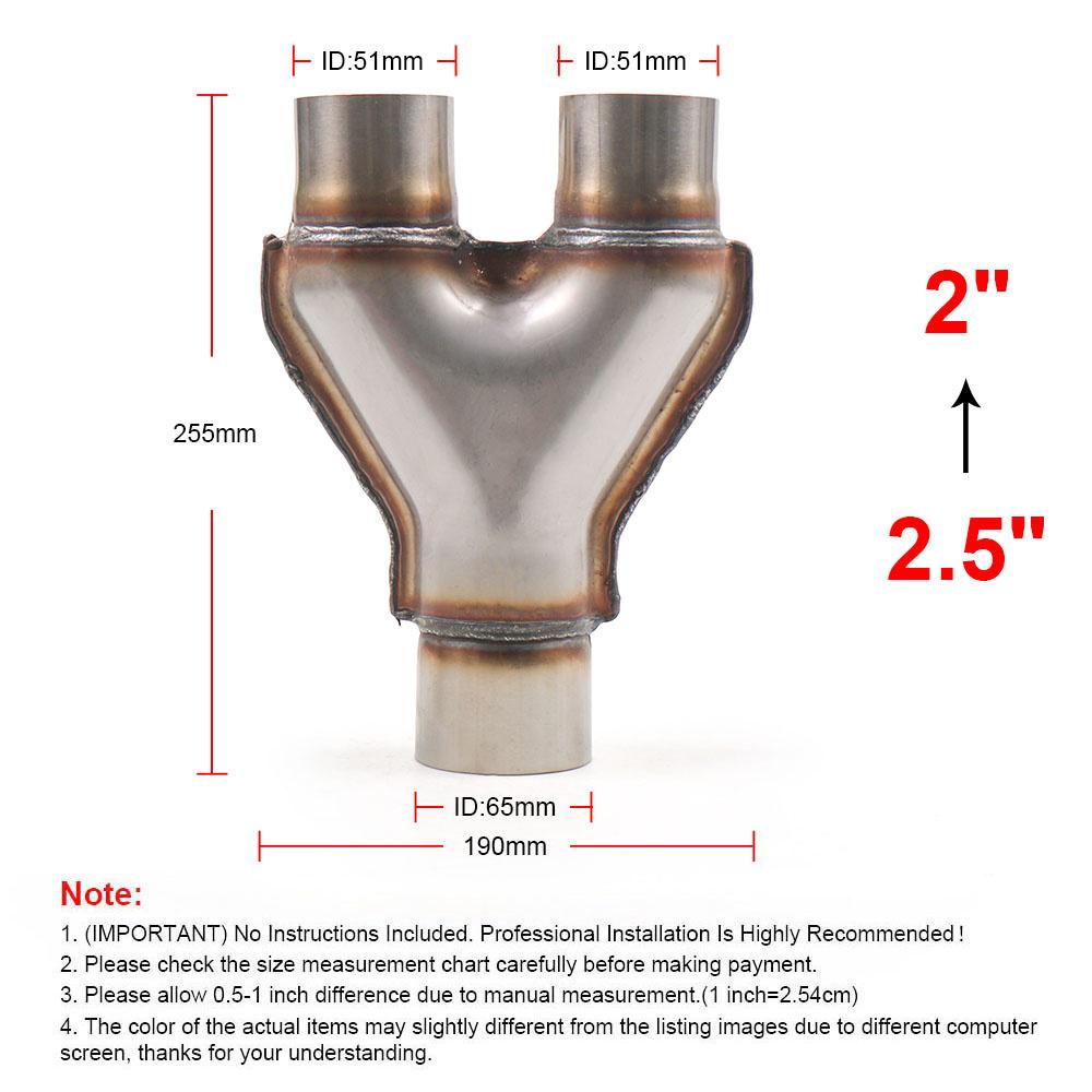 

Universal Car Exhaust Y-Pipe Stainless Steel Exhaust 3-Way Pipe Adapter Connector Tube Cone TT102125 2inch-2.5inch