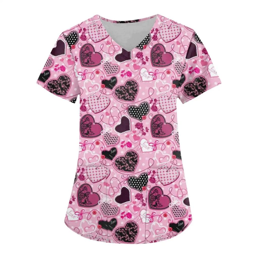 Women's Nursing Uniform with Romantic Heart Pattern Print Women's Short Sleeved Uniform Fashionable Casual and Comfortable