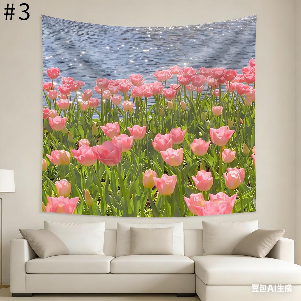 1pc Pink Tulip Flower Tapestry Lake Nature Landscape Wall Hanging Polyester 2D Print Floral Decor for Bedroom Gift for Plant