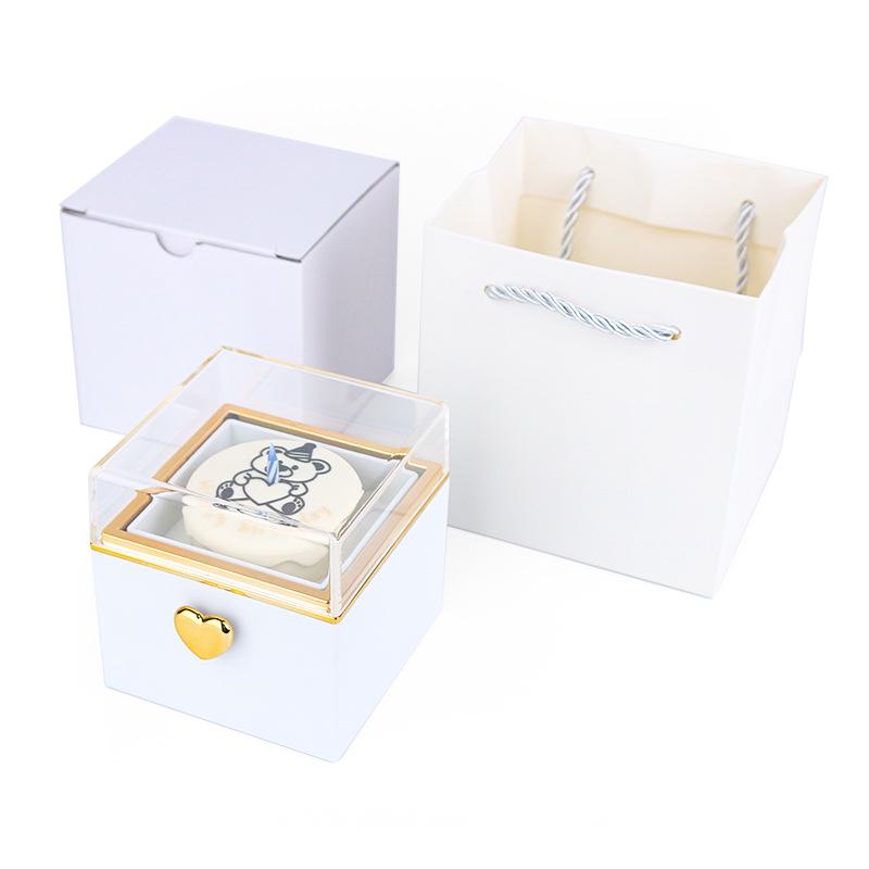 Luxury Rotating Acrylic Jewelry Box with Preserved Rose, Teddy Bear, and Birthday Cake Design