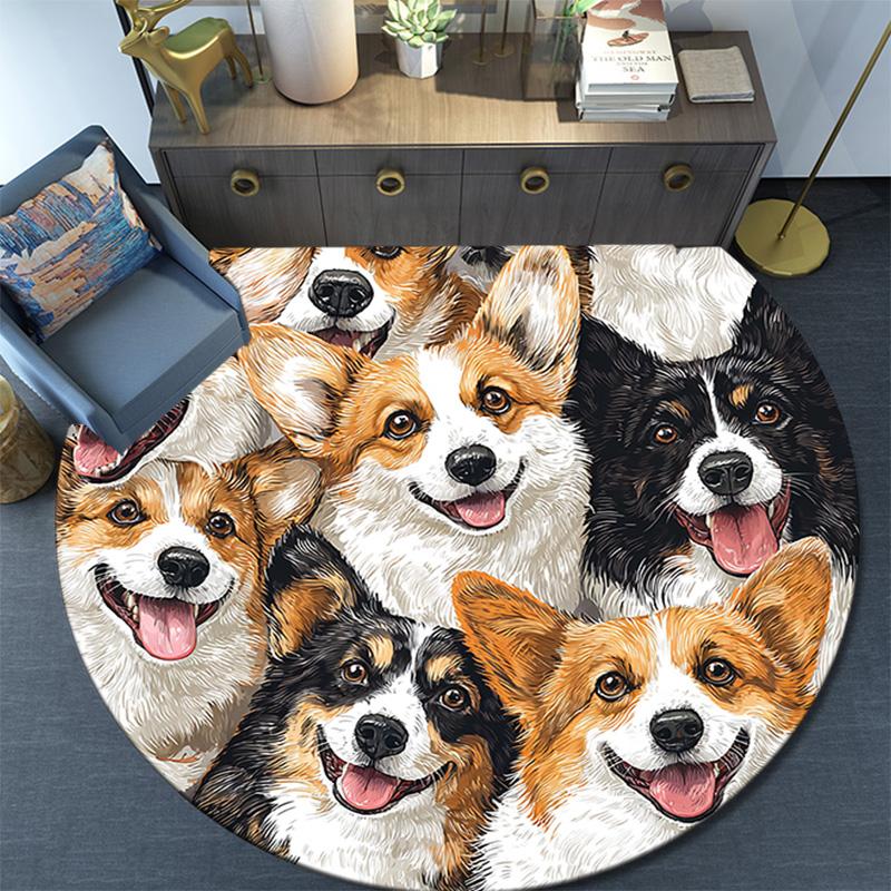 Corgi Round Area Rug,Carpet Rug for Living Room Bedroom Sofa Playroom Decor,Non-slip Floor Mat