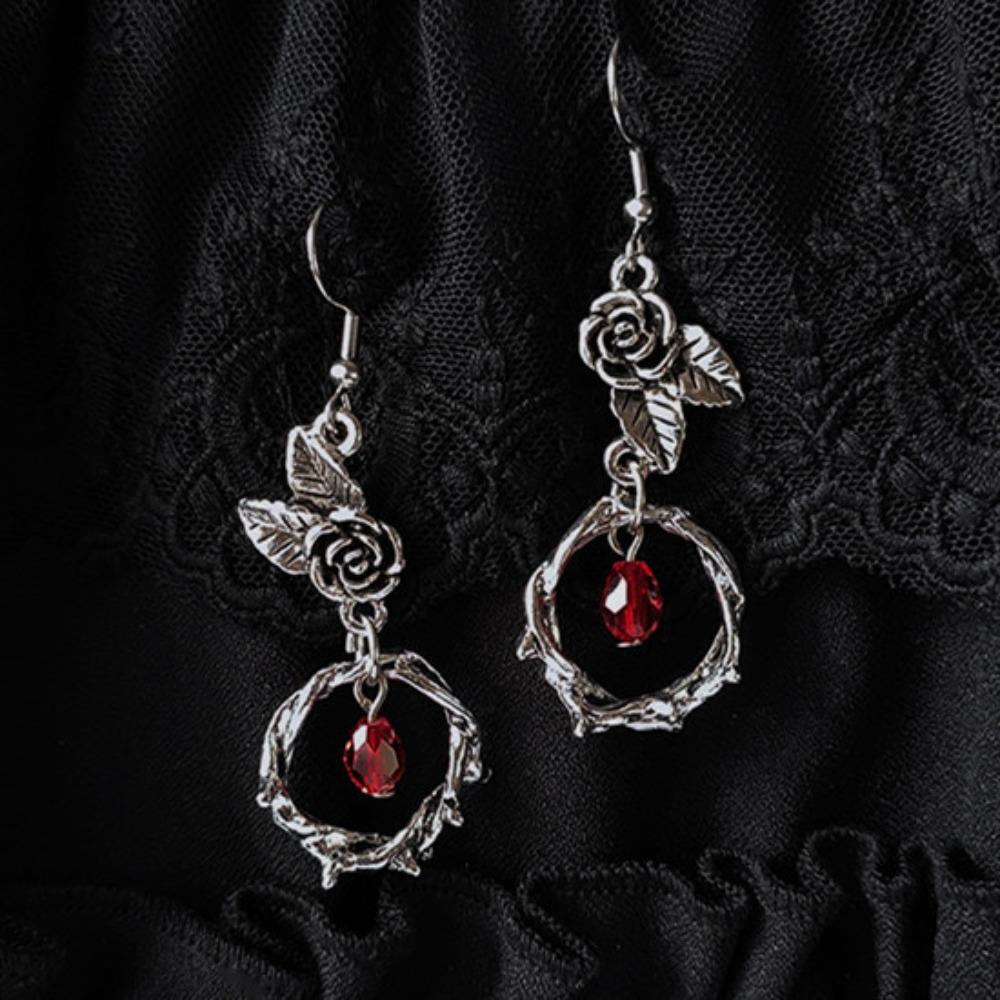 Retro Gothic Ancient Thorny Vine Leaf Rose Flower Red Crystal Dangle Earrings for Women Hallowmas Fashion Jewelry Accessories