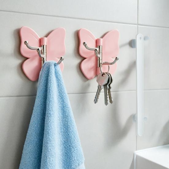 4PCS Butterfly Rotating Adhesive Hook, with 3 Swivel No Drill Wall Hook, Space Saving Adhesive Hook for Bathroom Kitchen Bedroom