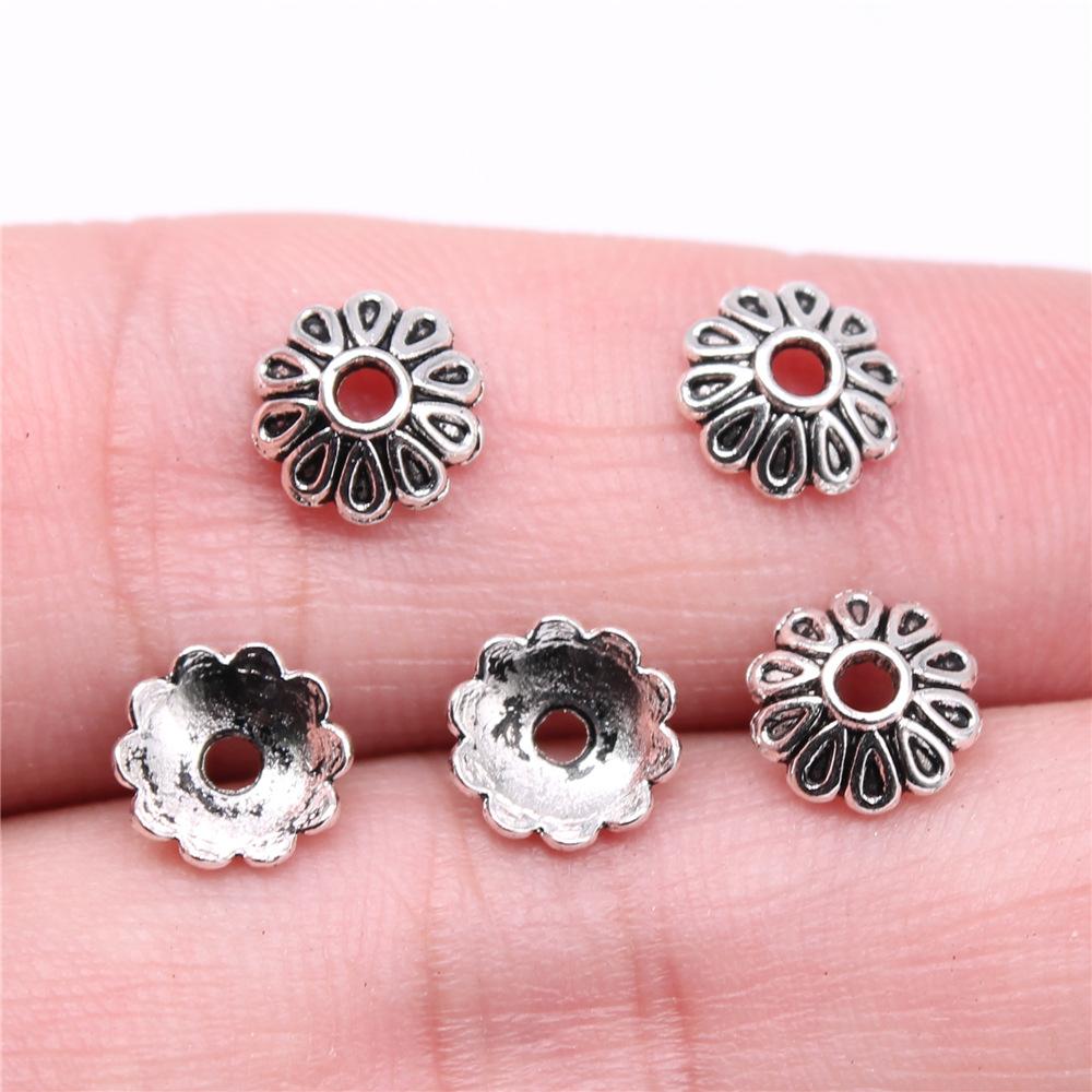 50pcs Tibetan Antique Silver Color Flower Bead End Caps For Jewelry Making Findings Needlework DIY Accessories Wholesale