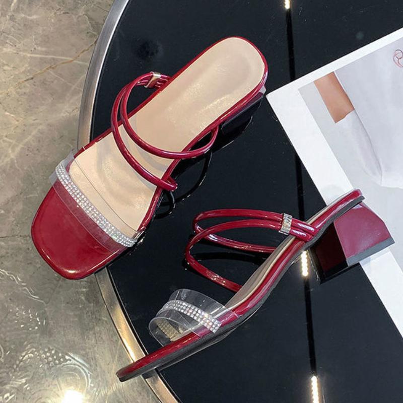 WTEMPO Women's Summer Sandals Square Toe Middle Heel Solid Color Transparent Crystal Buckle Thick Heel Dual-purpose Slippers Comfortable Breathable