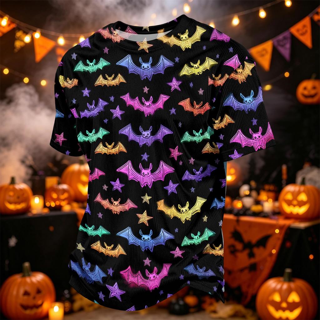 Herren Freizeit-Corduroy-Kurzarmhemd Leicht Atmungsaktiv Rundhalsausschnitt Oberteil Halloween-Muster Design Bequeme Passform