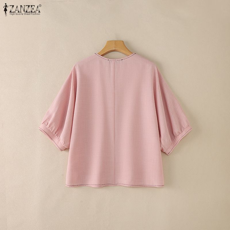 ZANZEA Women Casual V-Neck 3/4 Sleeve Loose Blouse