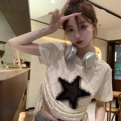 Design Sense Drawstring Short Sleeve T-Shirt Women's Summer New Loose Sexy Sweet Spice Top Wholesale