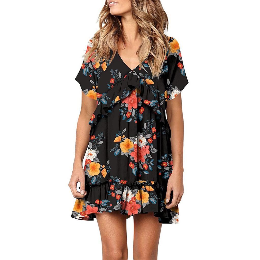 Fashion Women V-neck Printed Short Sleeve Dress Fresh Girly Style Dress