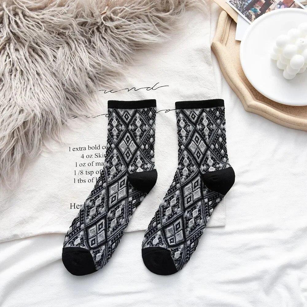 

Женские клетчатые хлопковые носки, студенческие винтажные уличные носки, модные длинные носки с вышивкой в ​​этническом стиле Харадзюку, женские носки