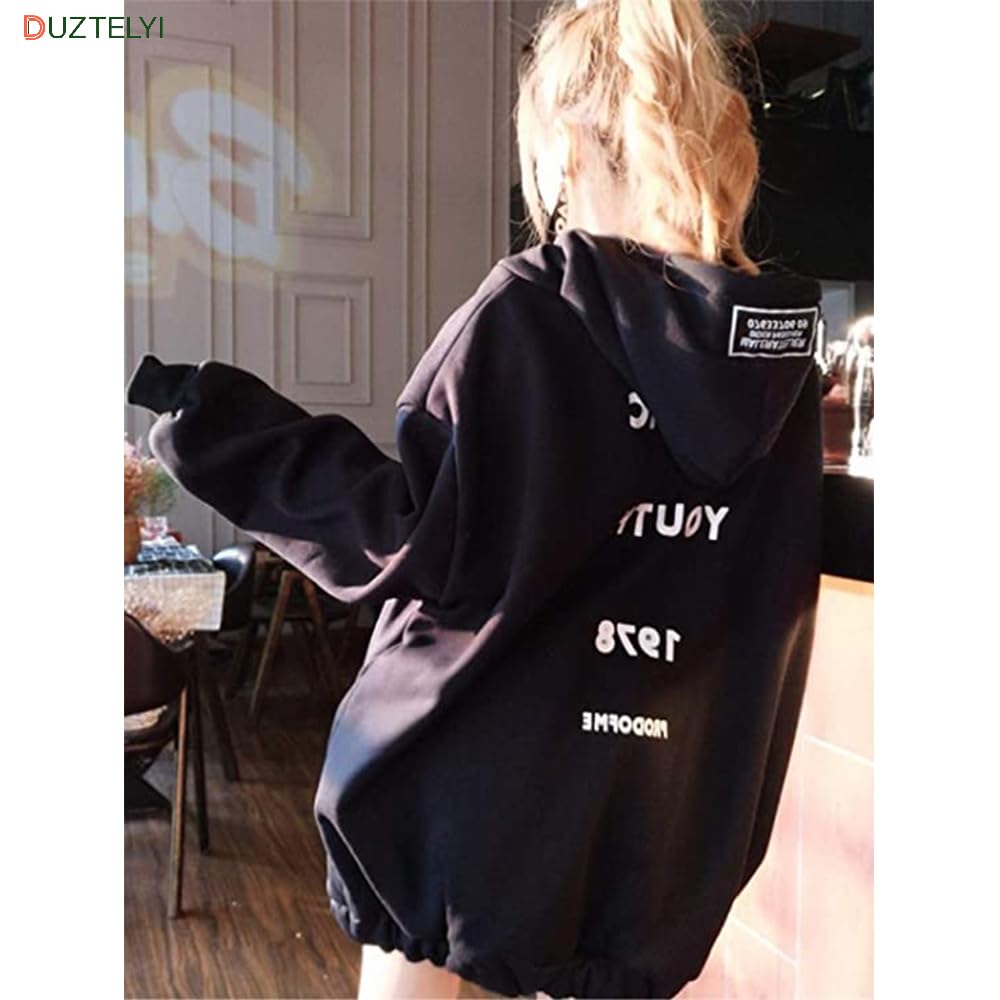 DUZTELYI Loose Cute Top for and DU834 Women's Fleece-Lined Hoodie, Fit, Oversized, Zip-Up Hoodie, Casual, Spring, Autumn, Winter, (JP, Alphabet, M,