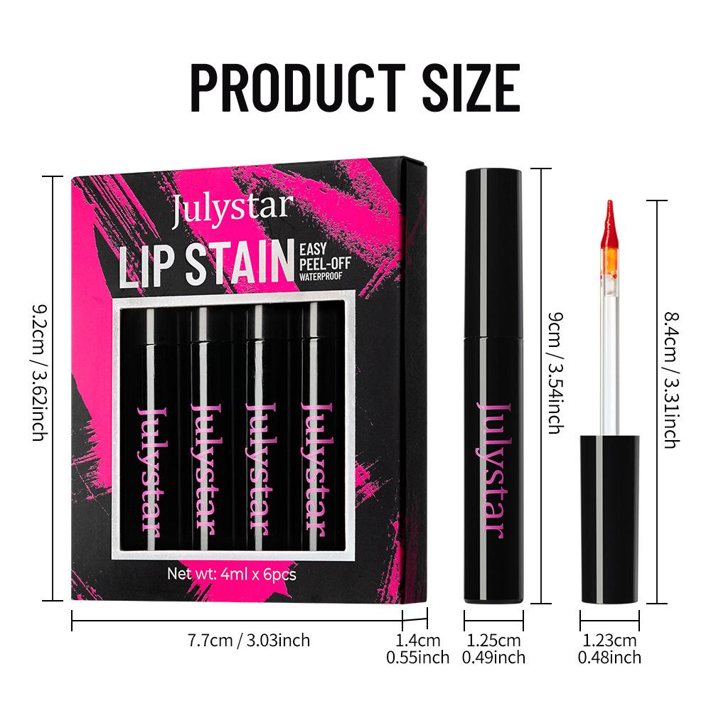 Julystar Peel-Off Lip Stain Set 6 Colors Waterproof Transfer-Proof Magic Lip Tint Long-Lasting Tear Off Liquid Lipstick Lip Liner Makeup Cosmetics