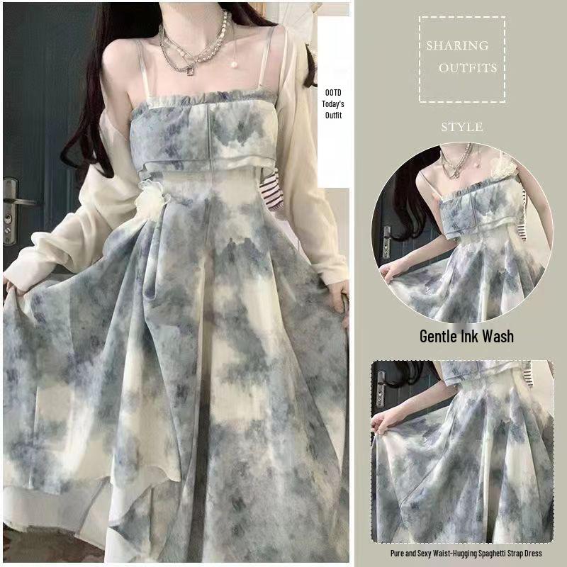 

Plus Size Ink Painting Print Dress Set - Flattering Camisole Dress with Cardigan 3XL (recommended 72.5-80 kg)