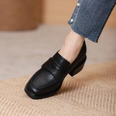 Fashion 2025 Spring Genuine Leather Slip-On Women Shoes Casual Loafers Square Toe Simple Shoes Thick Heel Shoes Woman Zapatos De Mujer