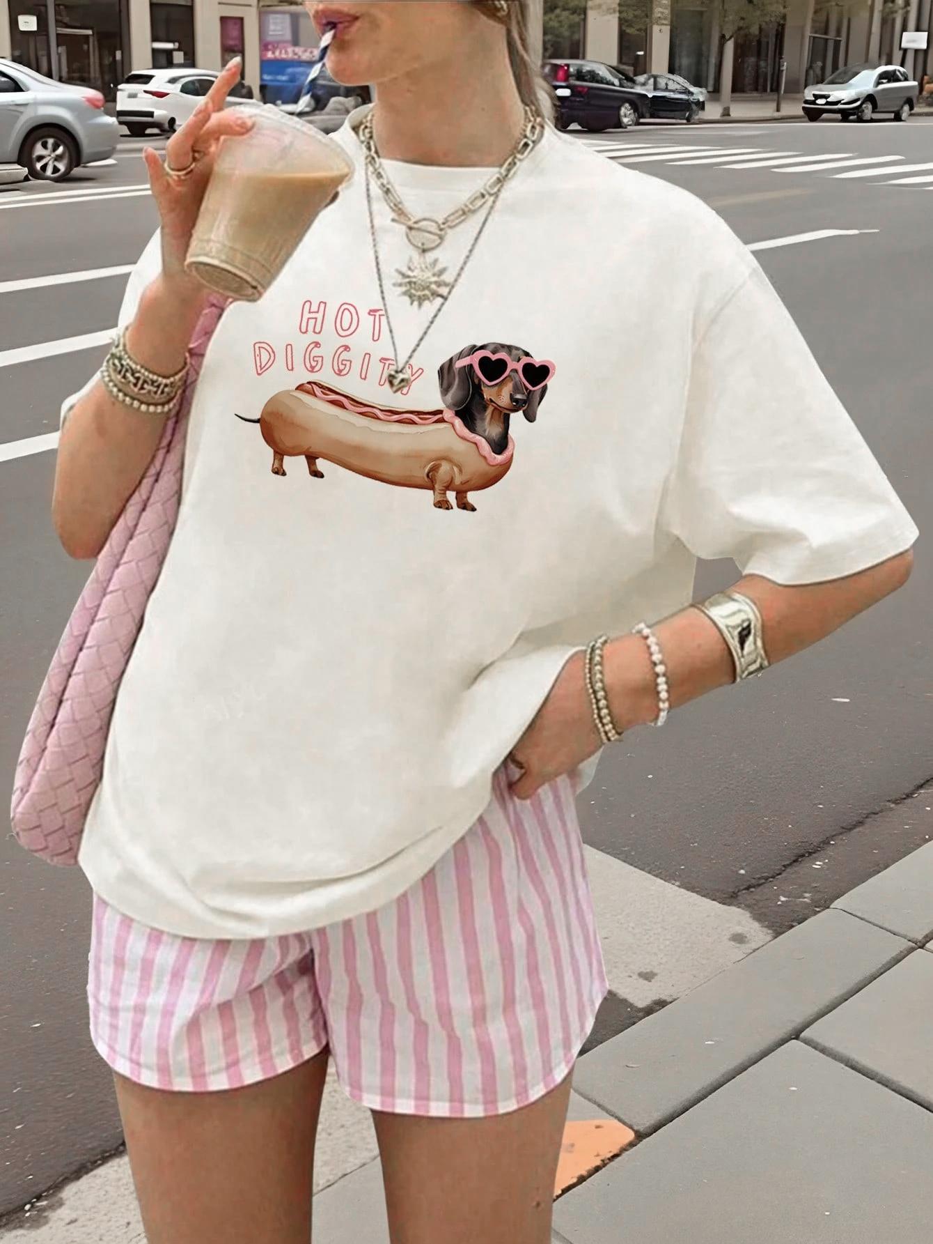 

Hot Diggity Dachshund Dog Prints TShirt Women Cotton Summer Short Sleeve Comfortable Soft ONeck Tops Casual Womans Clothes S