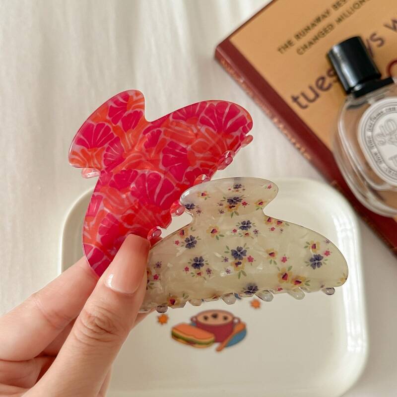 Vintage Acetate Hair Shark Clip Vintage Flower Hair Claw Barrettes Female Temperament Print Hair Clips Colorful Hair Accessories
