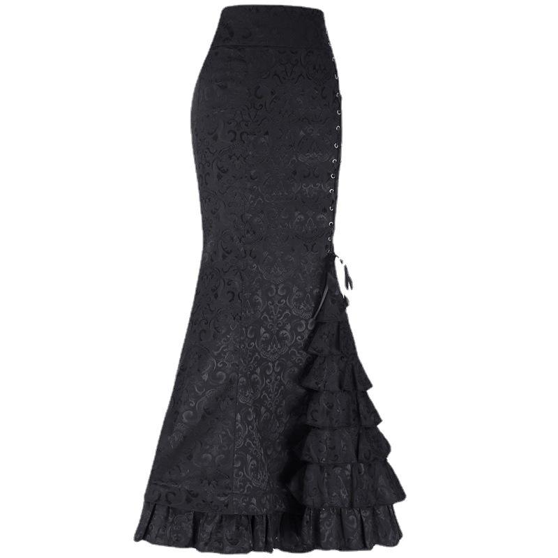Gothic Dark Style Jacquard Fishtail Skirt with Lace-up Design for Women