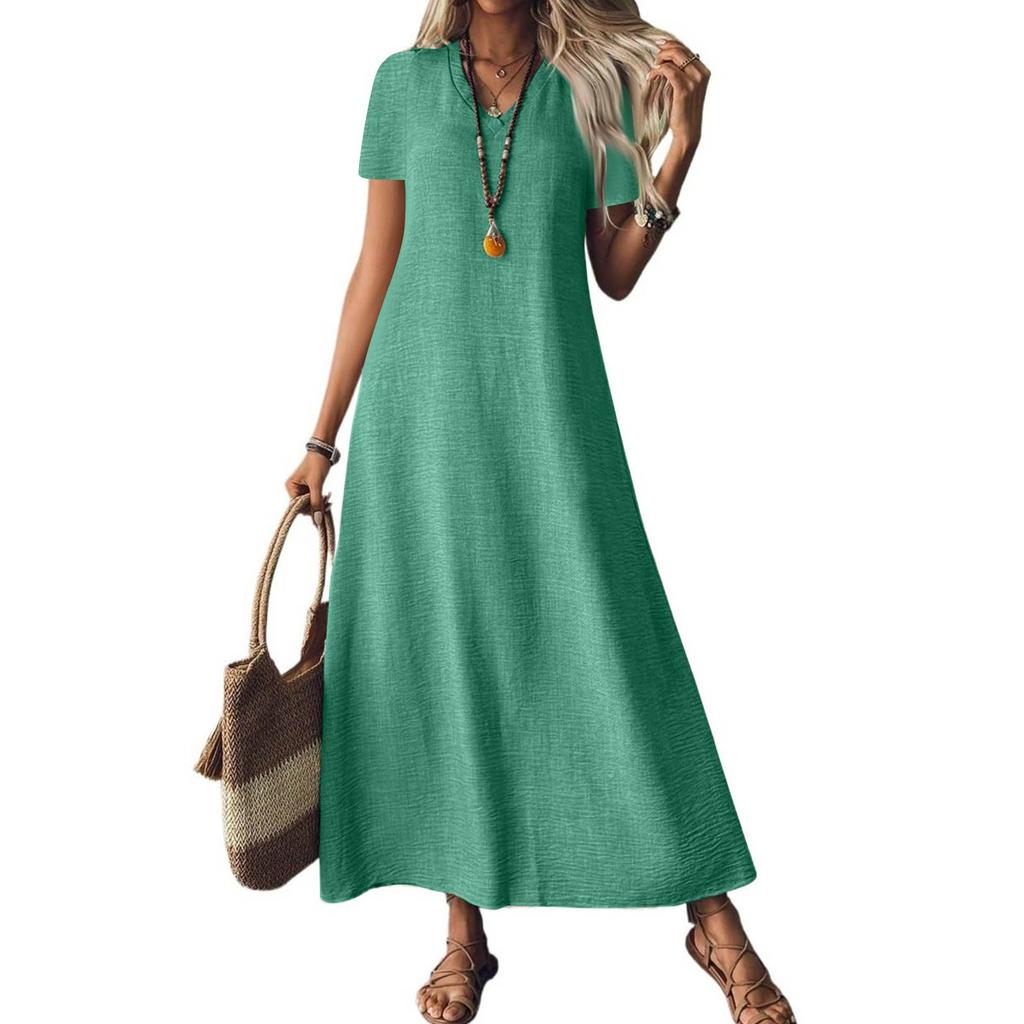 Women's Fashion V-Neck Short Sleeve Solid Color Zipper Casual Vacation Long Dress Cotton Linen Dresses