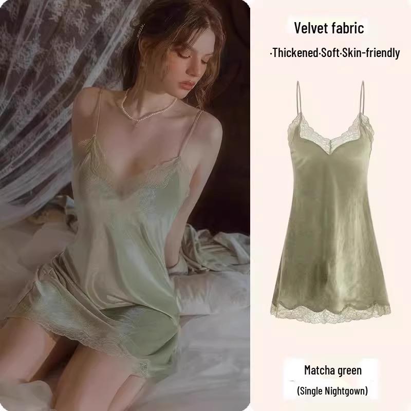 Camisón de Encaje de Seda de Hielo de Alta Gama Verano 2025 para Mujer - Estilo Puro Deseo con Almohadilla en el Pecho, Talla Grande Disponible