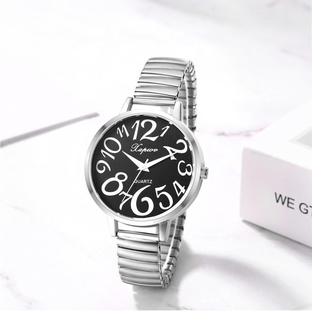 Women's Analog Watch with Large Numerals, Elastic Strap, One Size Fits Most, Simple and Stylish Quartz Watch, Silver, Fashion Accessory, Perfect Gift