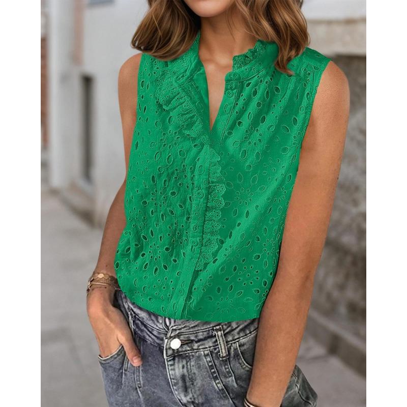 

JKASHDK Жіночі модні повсякденні літні весняні одноколірні блузки та сорочки з V-подібним вирізом без рукавів і принтом XXL зелений