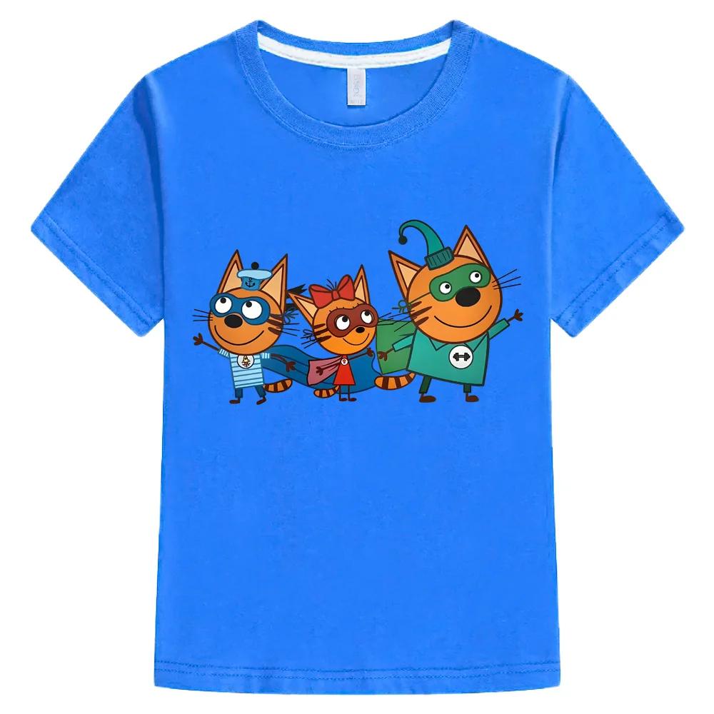 Three Super Hero Cartoon Cats Print Kids Short Sleeve T Shirt Soft Polyester Crew Neck Boys Girls Summer Casual Daily Wear Tee Top