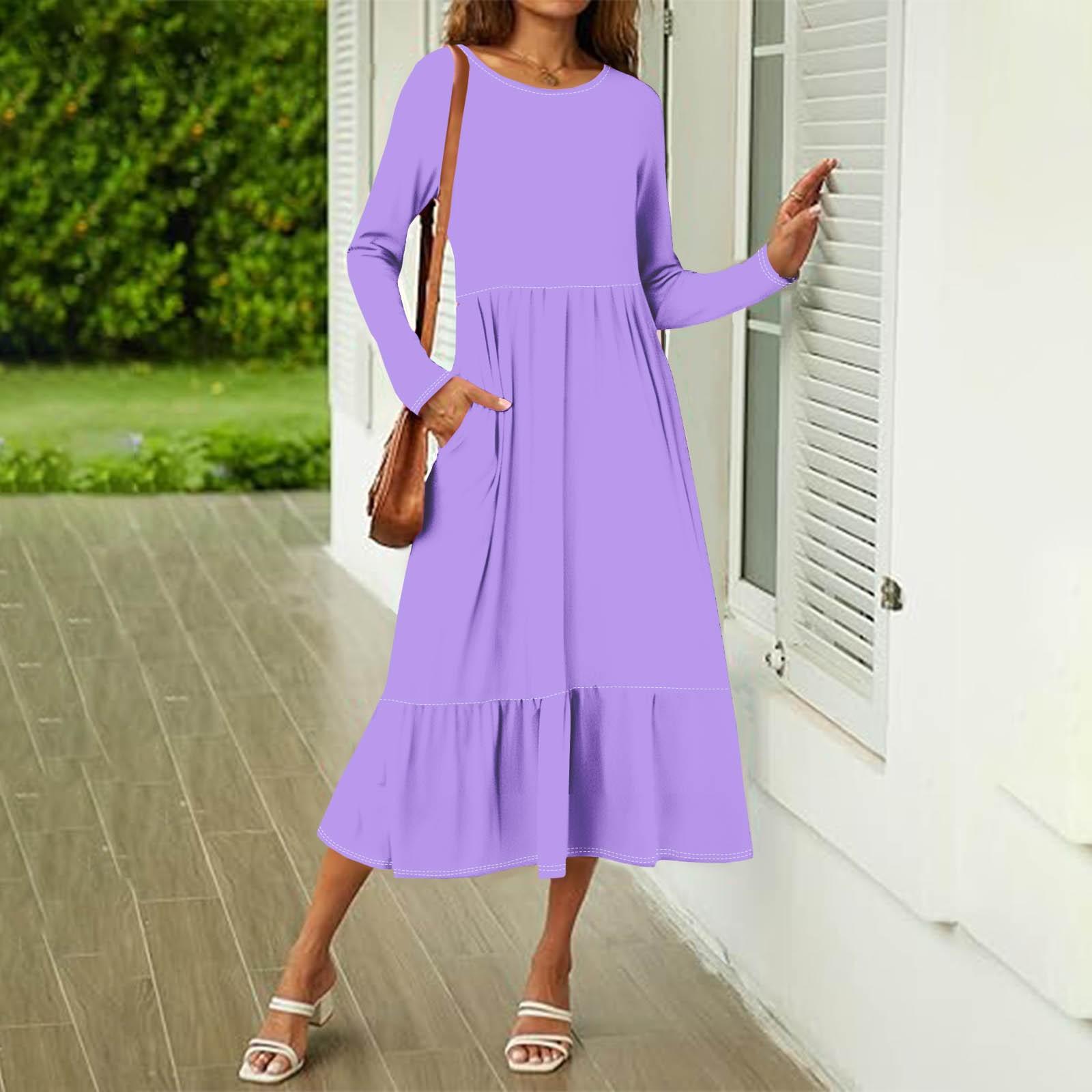 

Women s Casual Dresses Spring Pockets Round Neck Long Sleeve Dresses L фиолетовый