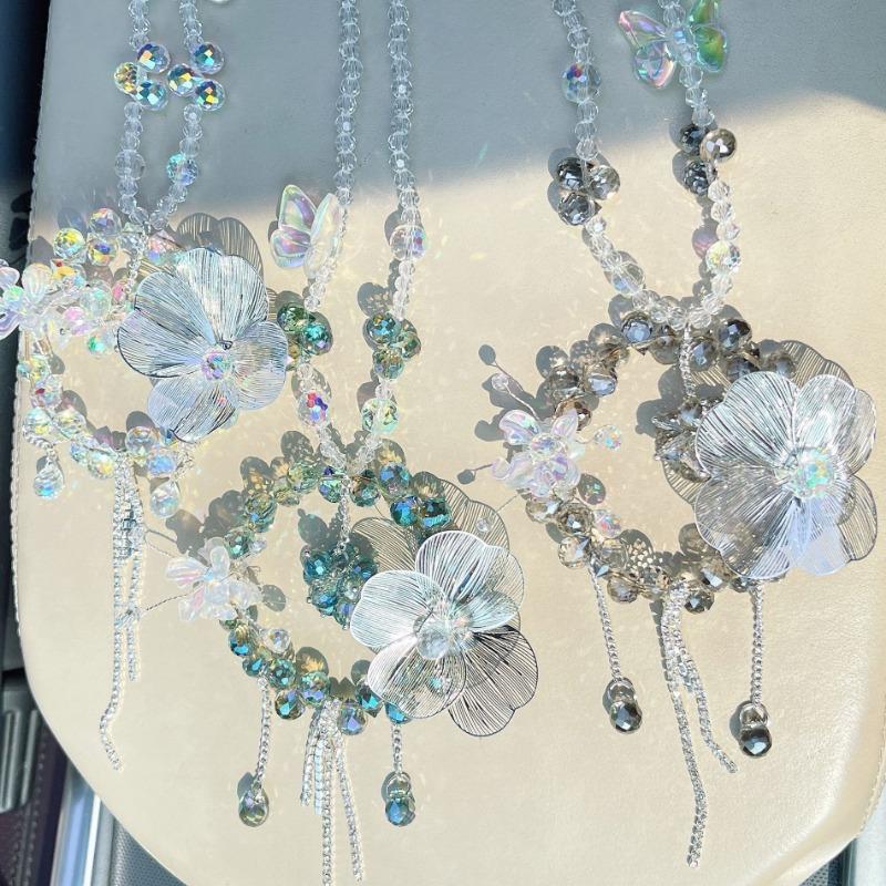 Women S Crystal Flower Car Rearview Mirror Pendant Car Decoration