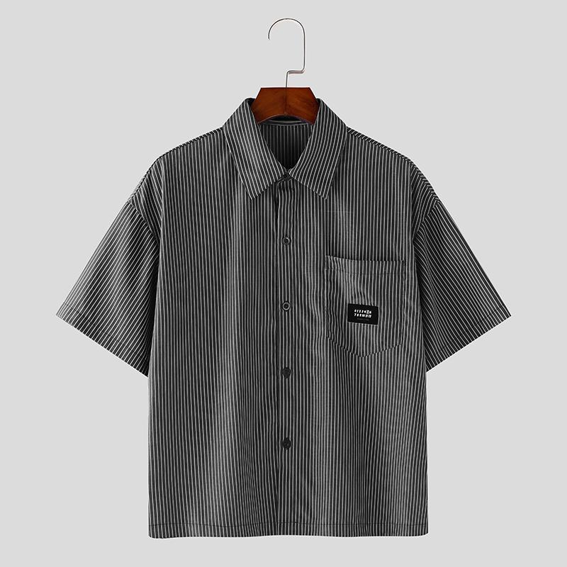 

INCERUN Men Oversized Lapel Neck Summer Striped Buttons Up Casual Loose Shirts
