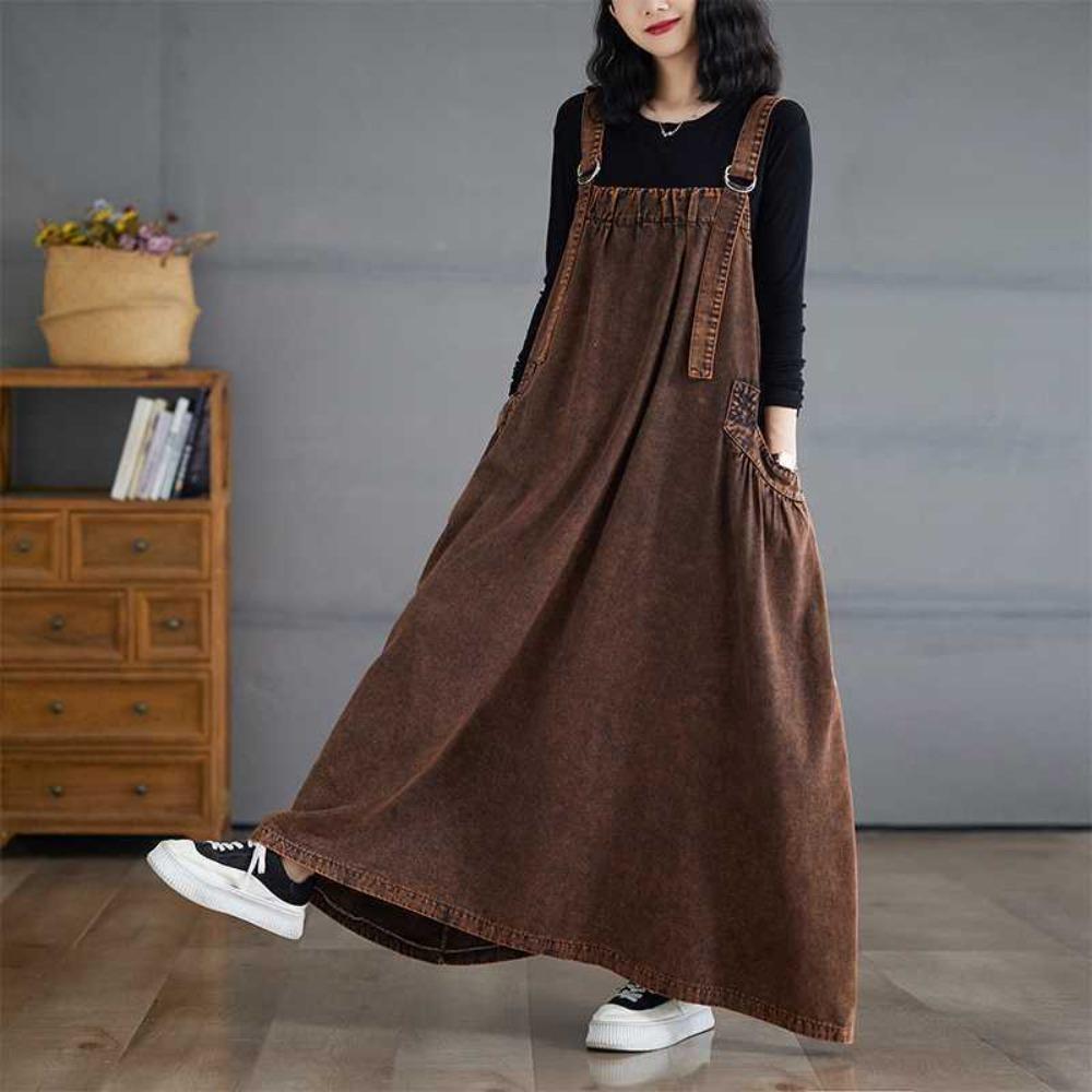 Vestito Salopette in Denim Lavato Retrò da Donna Vestibilità Larga Lungo Maxi Linea ad A Casual Tuta Vestito