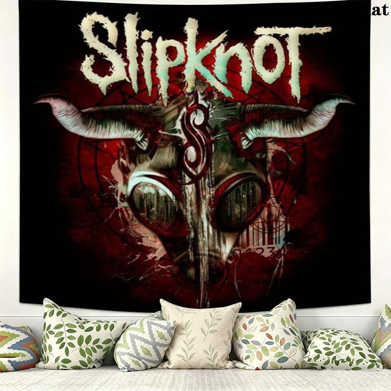 Slipknot Cartoon Masked Members Tapestry, Red Background Band Portrait Wall Hanging for Rock Fans