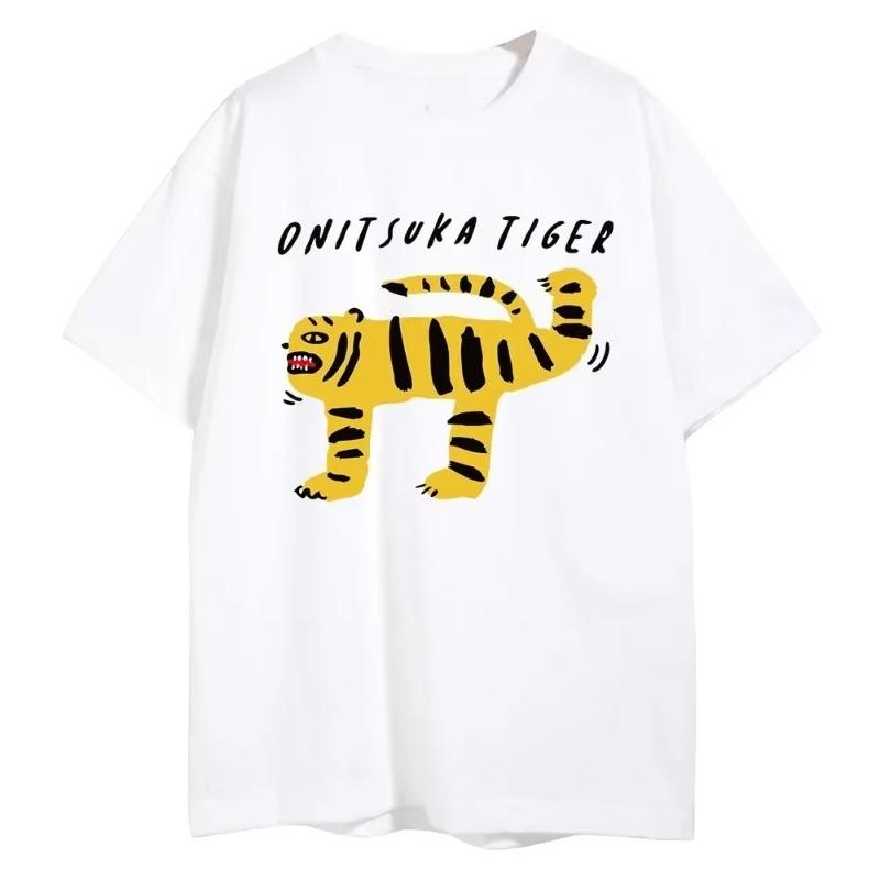 Onitsuka Tiger Cartoon T-shirt Printed Harajuku Funny T-shirt Oversized Y2k Graphic 100% Cotton Men and Women Casual Top T-shirt
