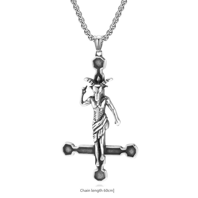 

Fashion Hip-Hop Hipster Men s Ins Goat Reverse Cross Necklace Retro Style Niche Personality Titanium Steel Pendant Ornament Goat Inverted Cross Necklace + 60cm Pearl Chain