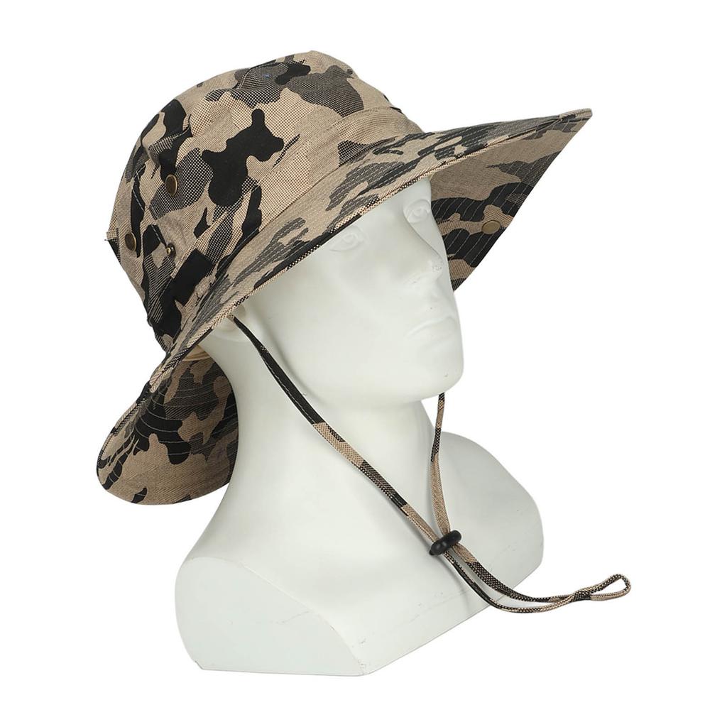 UPF50+ Fishing Hat with Mesh Vents Adjustable Strap Wide Brim Khaki Camouflage Sun Hat for Outdoor Hiking