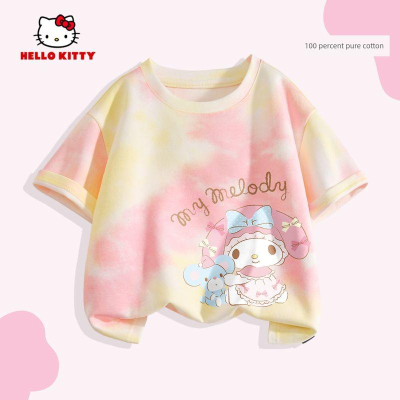 Hello Kitty Girls' Short-Sleeved T-Shirt 2026 New Pure Cotton Rainbow Kidsren's Summer Wear Tie-Dye Cute Clothes Trendy