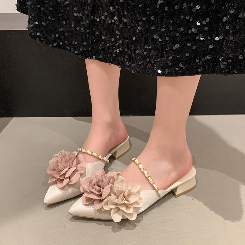

Модные женские туфли-мюли на среднем каблуке с цветочным принтом, с острым носком, на массивном каблуке, модные туфли-лодочки для платья, дизайнерские летние шлепанцы 2025, новая коллекция Zapatillas Ladies 35 бежевый