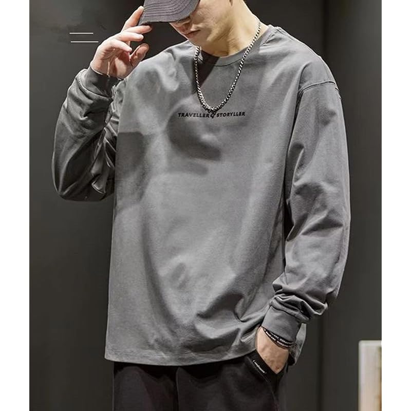 [EASTEMPO] t-shirt men's spring long sleeve Fashionable cotton Plain color casual Relaxing big size (JP, alphabet, M, gray)