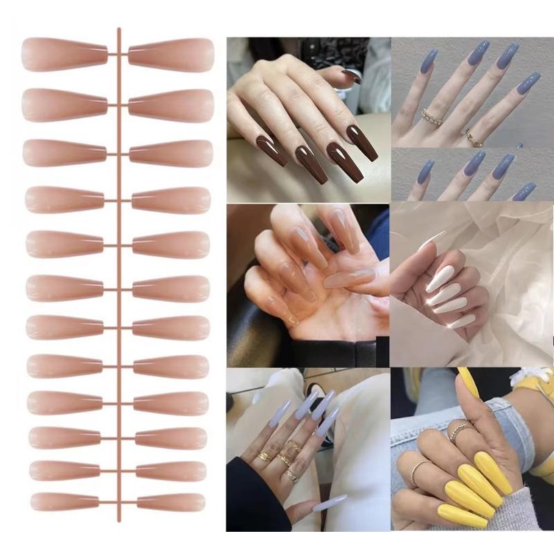 24Pcs New Detachable Solid Color Fake Nails Wearable Bright Long Ballet False Nails Full Cover Manicure Press-On Nails Women
