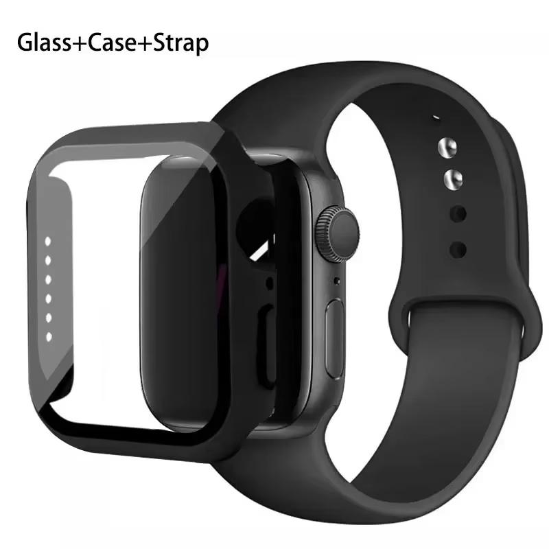 Glass+Case+Strap For Apple Watch band 46mm 45mm 44mm 41mm 40 38mm Silicone watchband bracelet iWatch series 10 9 8 7 6 5 4 3 SE