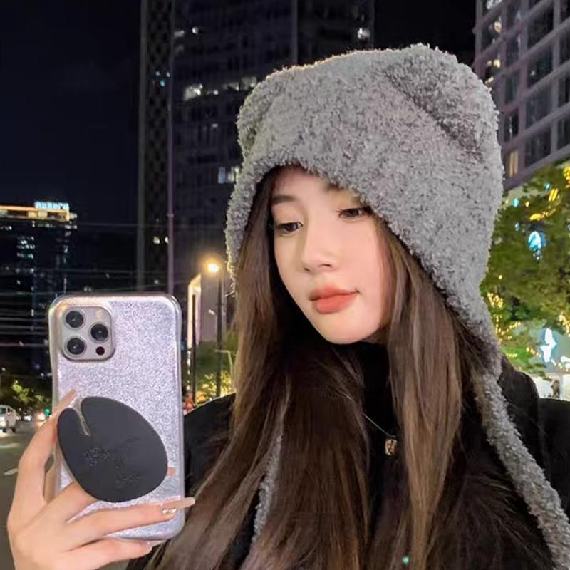 Autumn And Winter Cute Bear Plush Hat Women'S Able Warm Woolen Hat Large Head Circumference Ear Protection Hat